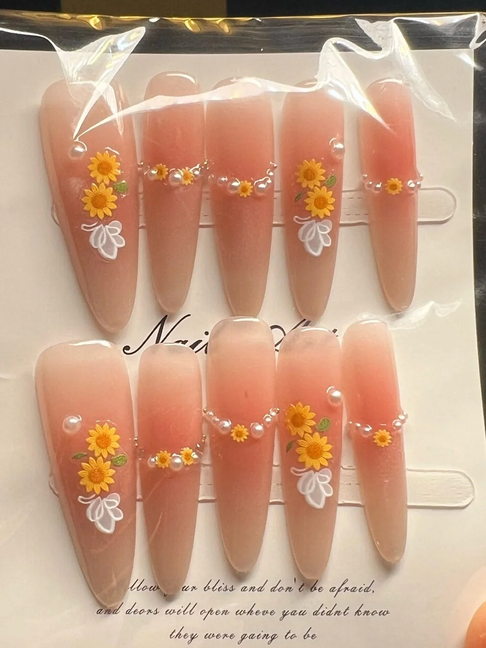 Peach Ombre Press-On Nails with Sunflower Accents